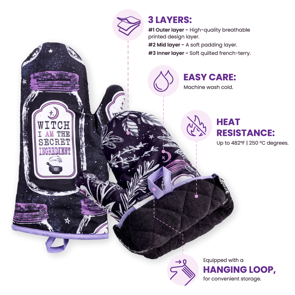 Kitchen Witch Oven Mitt Set – Heat Resistant Baking Gloves