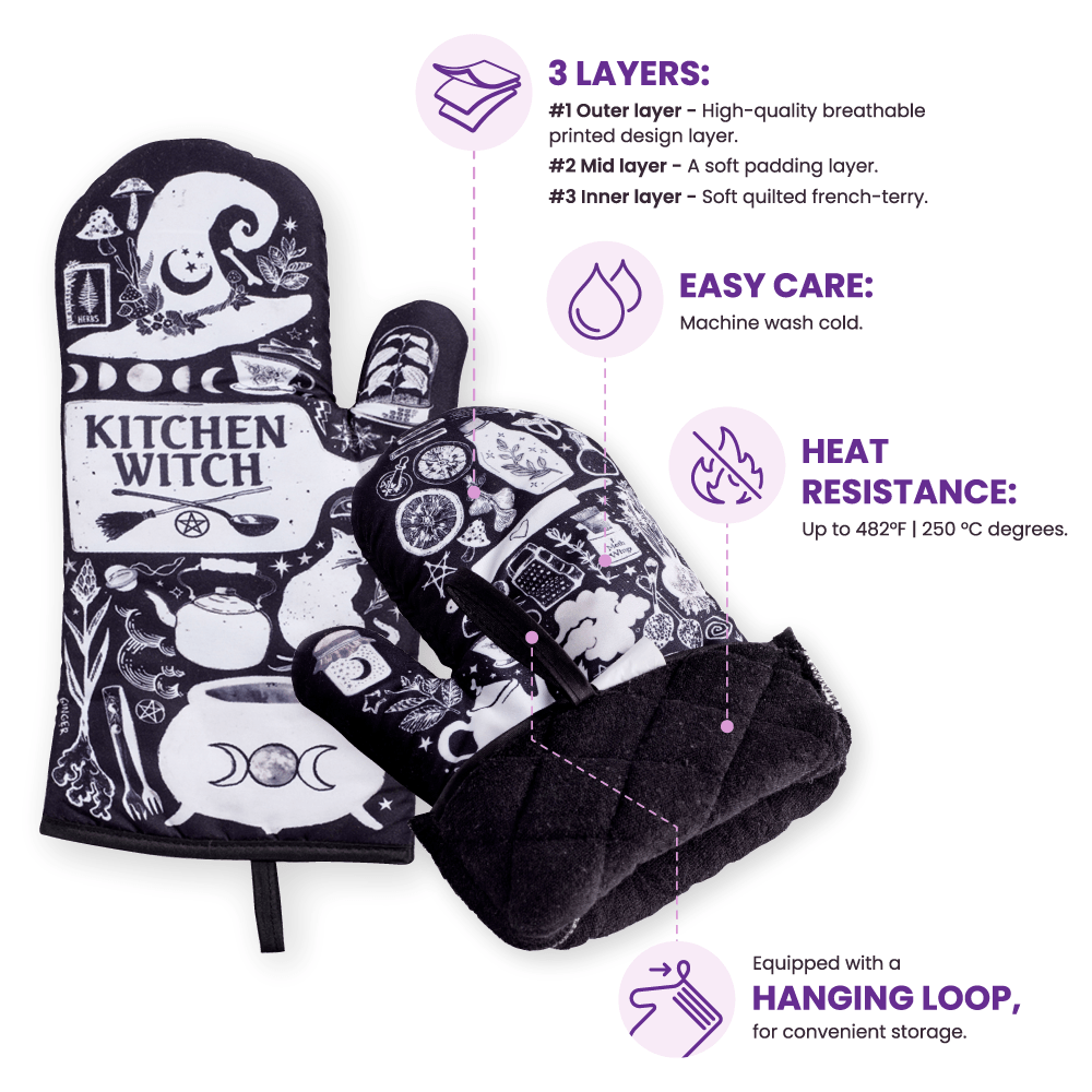 Kitchen Witch Oven Mitt Set – Heat Resistant Baking Gloves