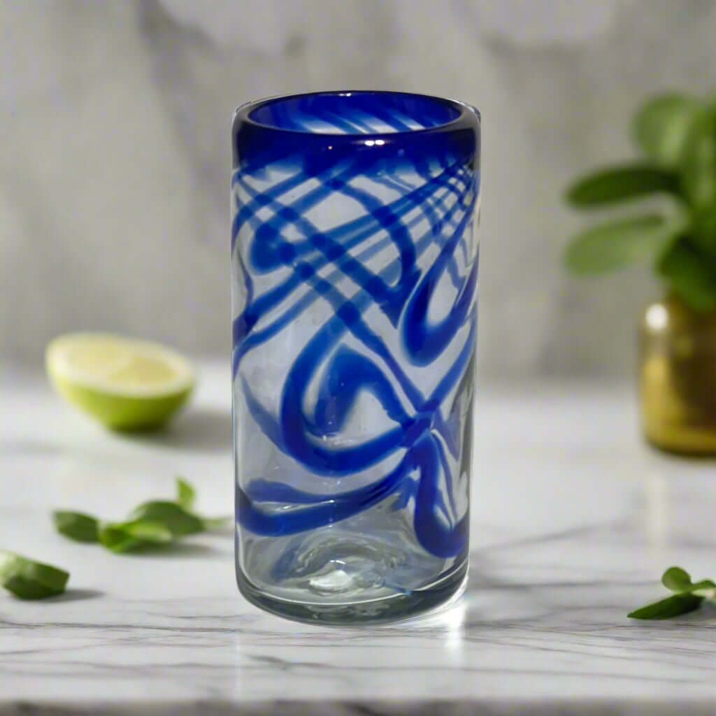 Hand-Blown Mexican Drinking Glass – Blue Swirl Design