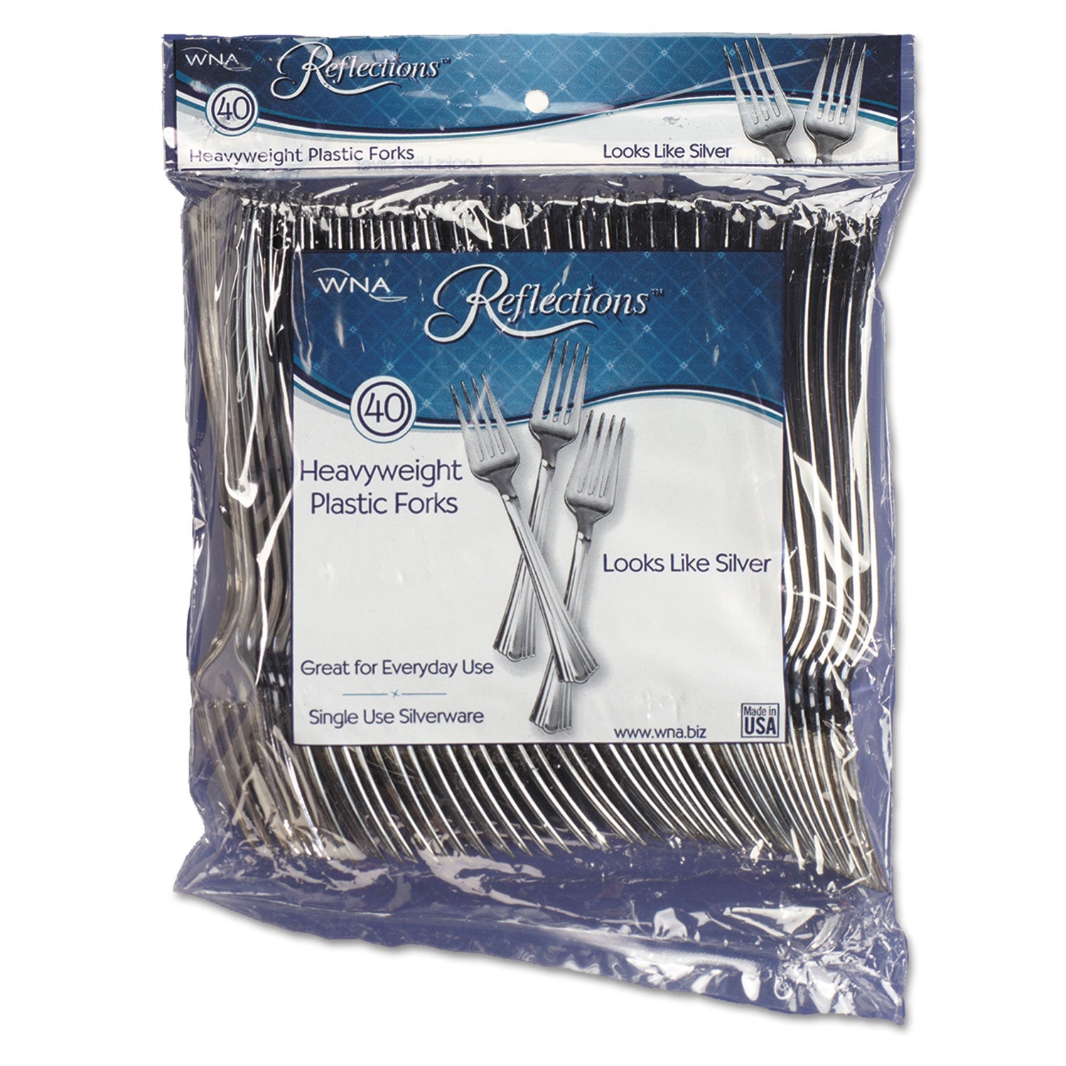 WNA Reflections Schwergewichtige Plastikgabeln, Silber, 7", 40 Stück/Packung, 8 Packungen/Karton