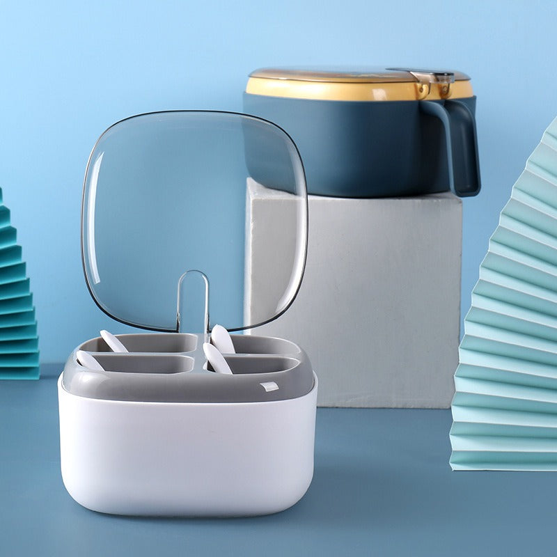 Kitchen supplies press type seasoning box contrasting color four grid seasoning box transparent lid with spoon