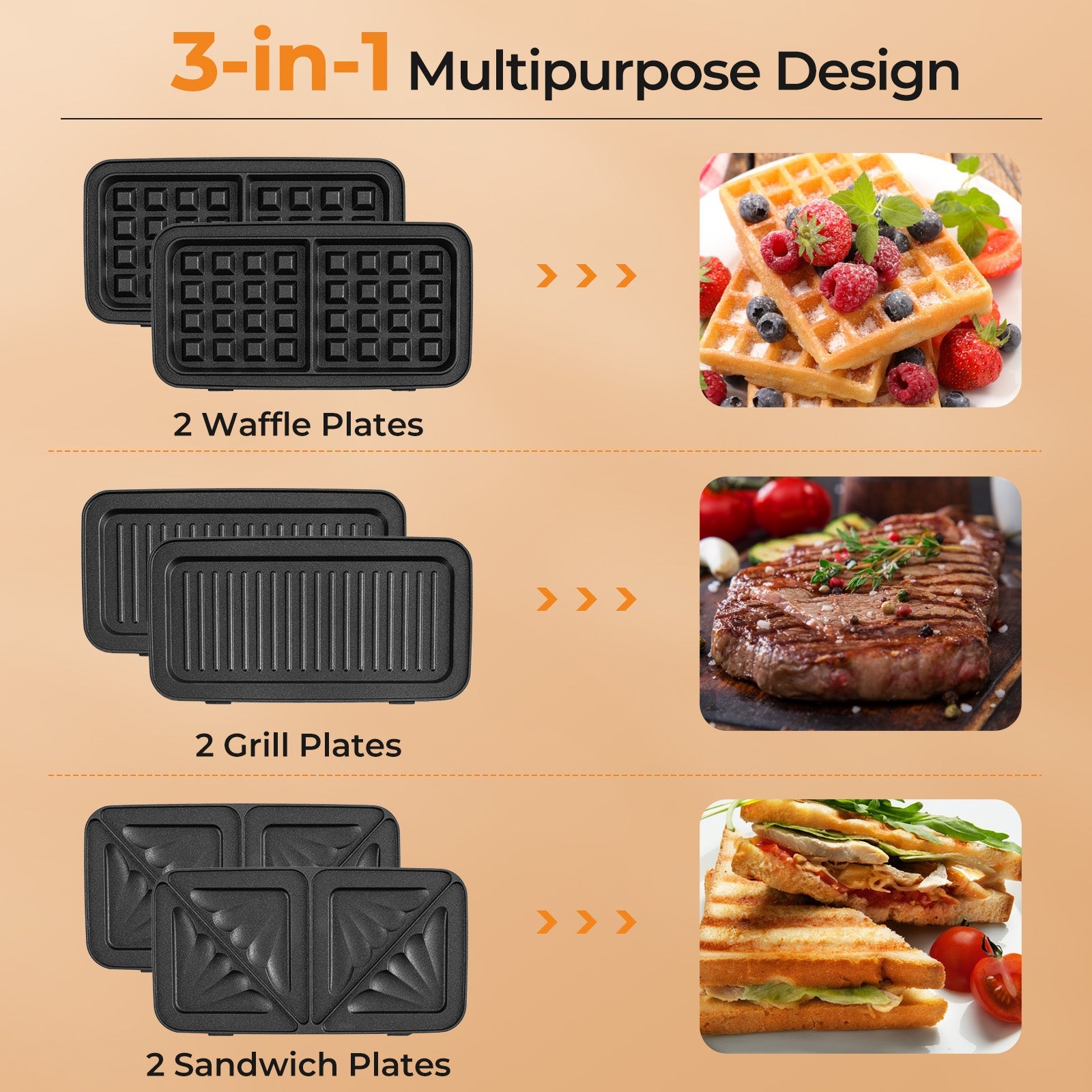 3-in-1 1082W Sandwich Maker with Removable Non-Stick Plates – Black