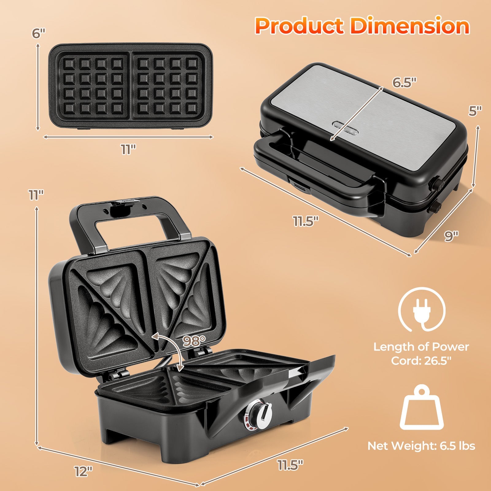 3-in-1 1082W Sandwich Maker with Removable Non-Stick Plates – Black