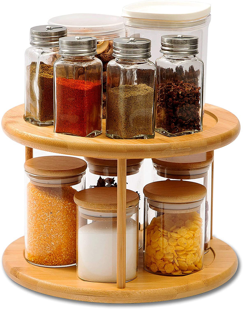 2-Tier Round Bamboo Turntable Spice Rack Cabinet Organizer
