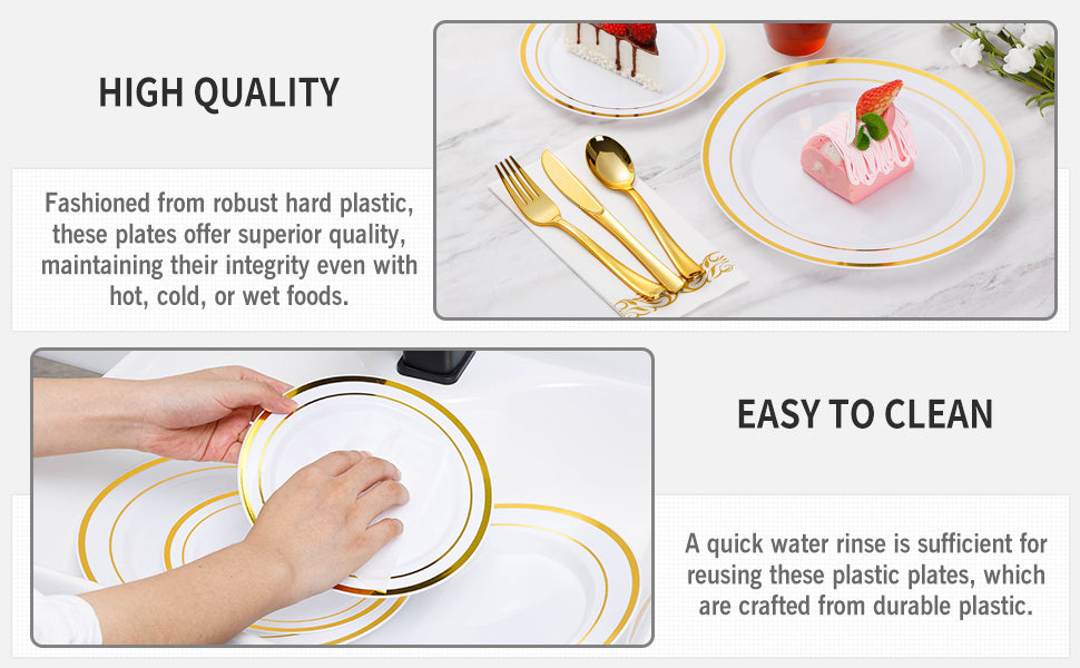 700 Piece Gold Dinnerware Set for 100 Guests, Disposable for Party, Include: 100 Gold Rim Dinner Plates, 100 Dessert Pl