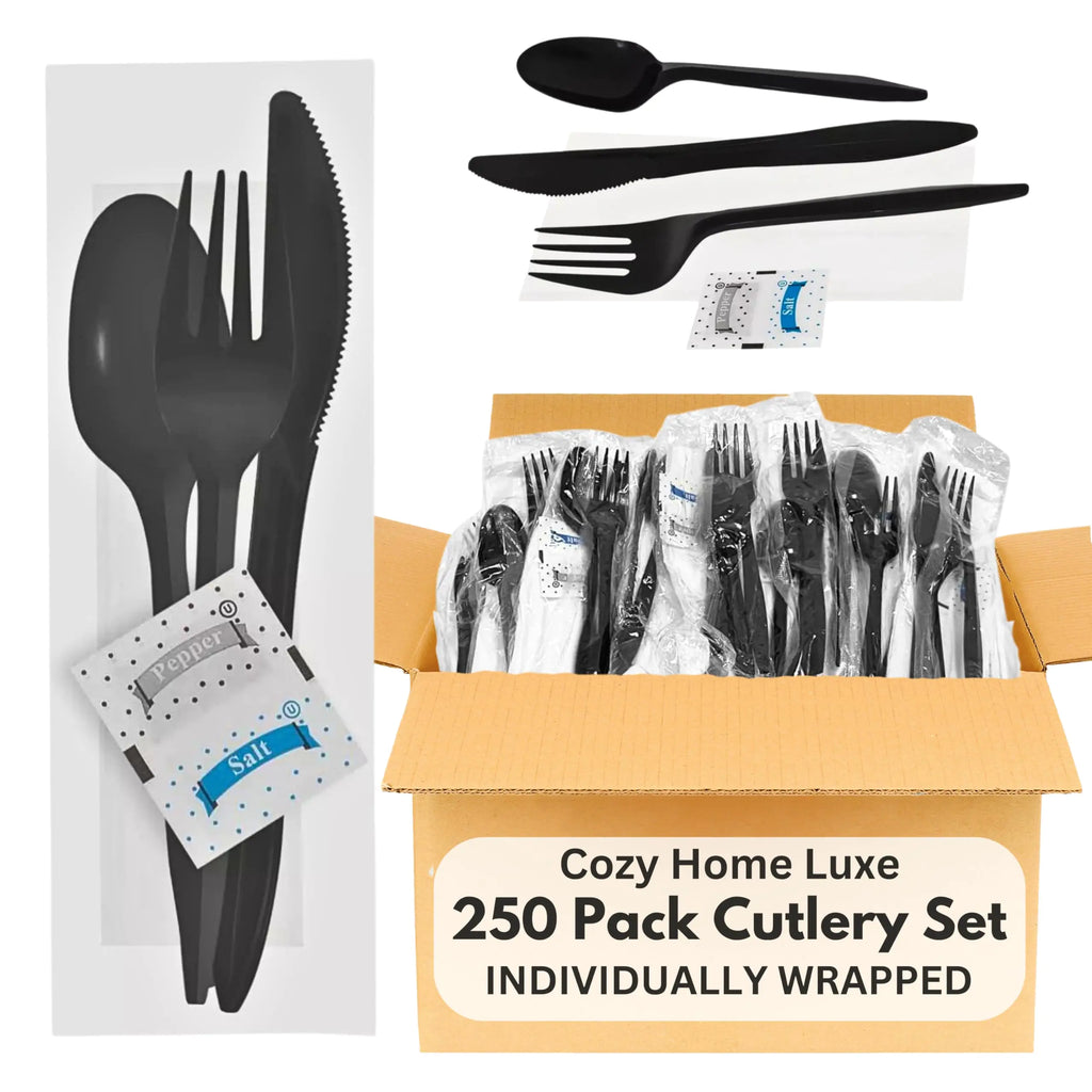 250-Pack Black Plastic Cutlery Set – Individually Wrapped Disposable Silverware