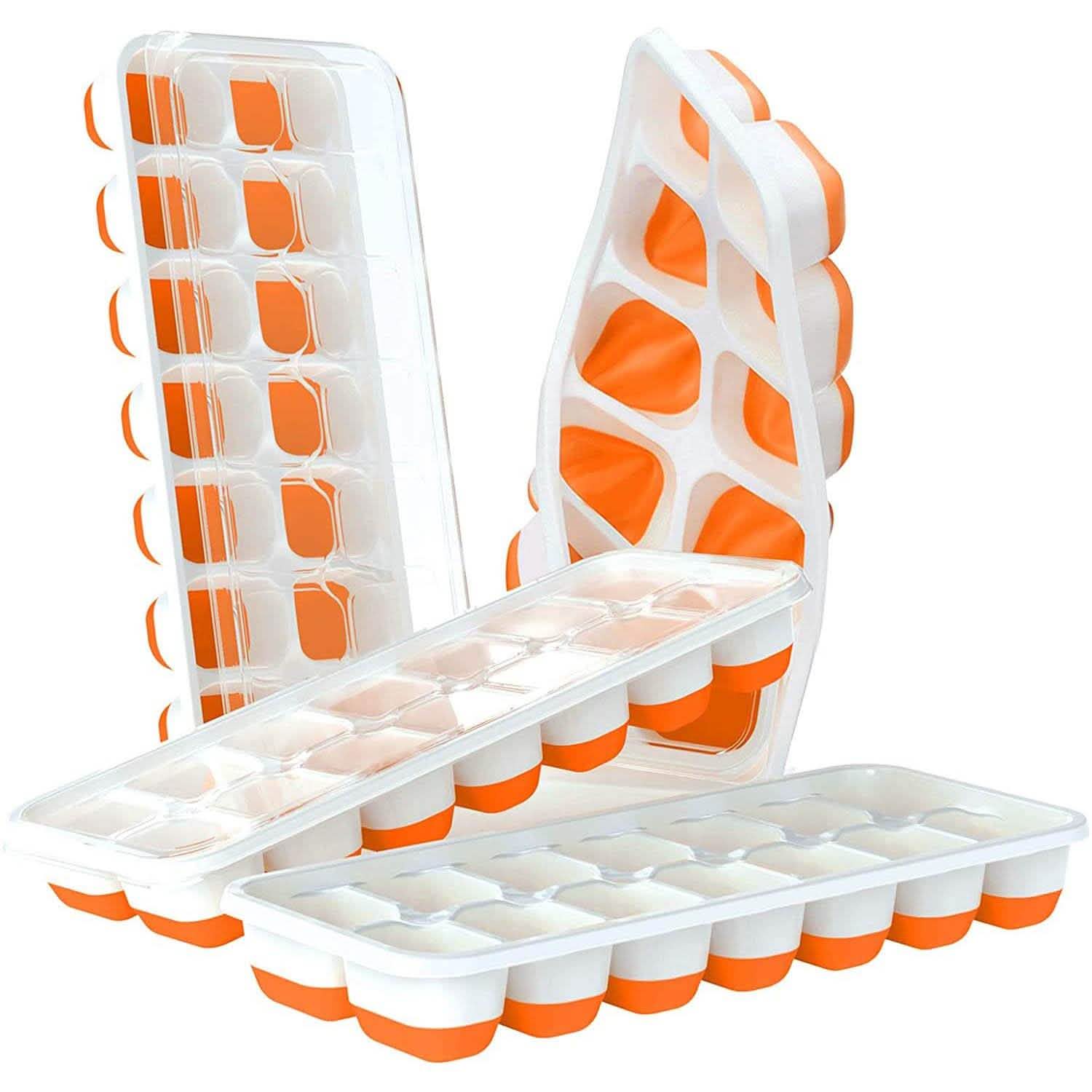 4er-Pack: Leicht lösbare Silikon- und flexible Eiswürfelbehälter (14 Eiswürfel) mit auslaufsicherem, abnehmbarem Deckel