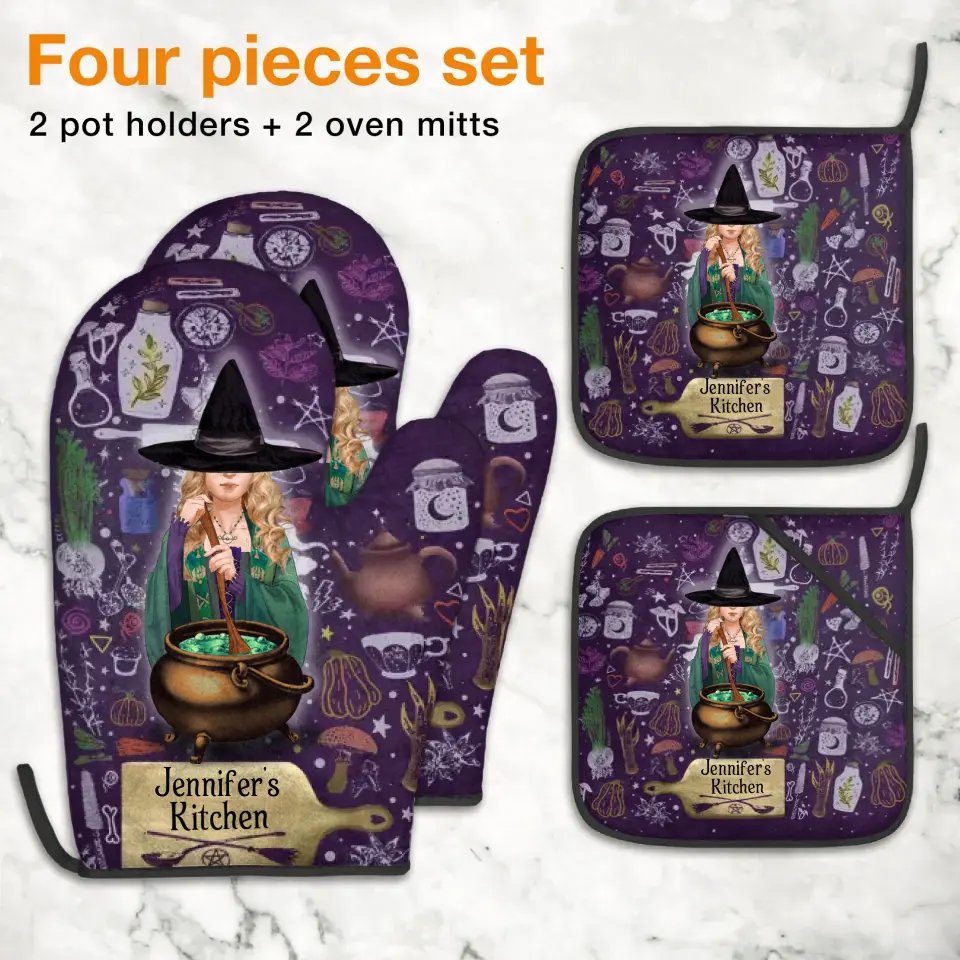 名入れ魔女耐熱オーブンミットと鍋敷きセット - 魔女好きへのギフトアイデア