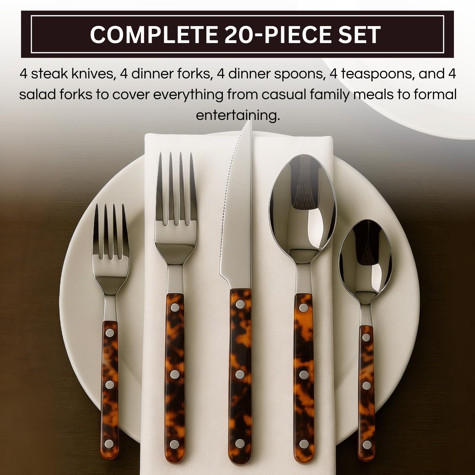 Premium Stainless Steel Flatware Set – 20-Piece Tortoise