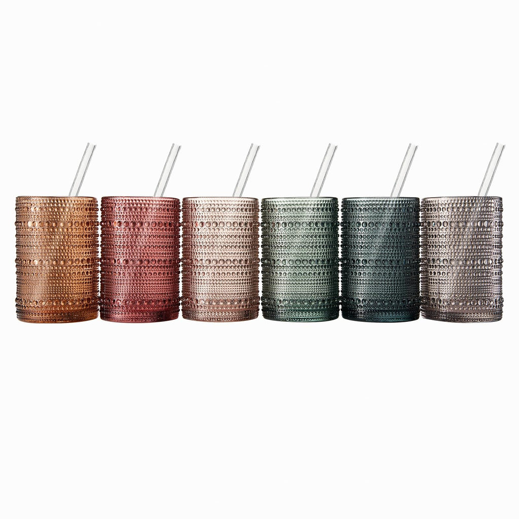 Khen Hobnail Drinking Glasses with Straws – Muted Colors, Set of 6