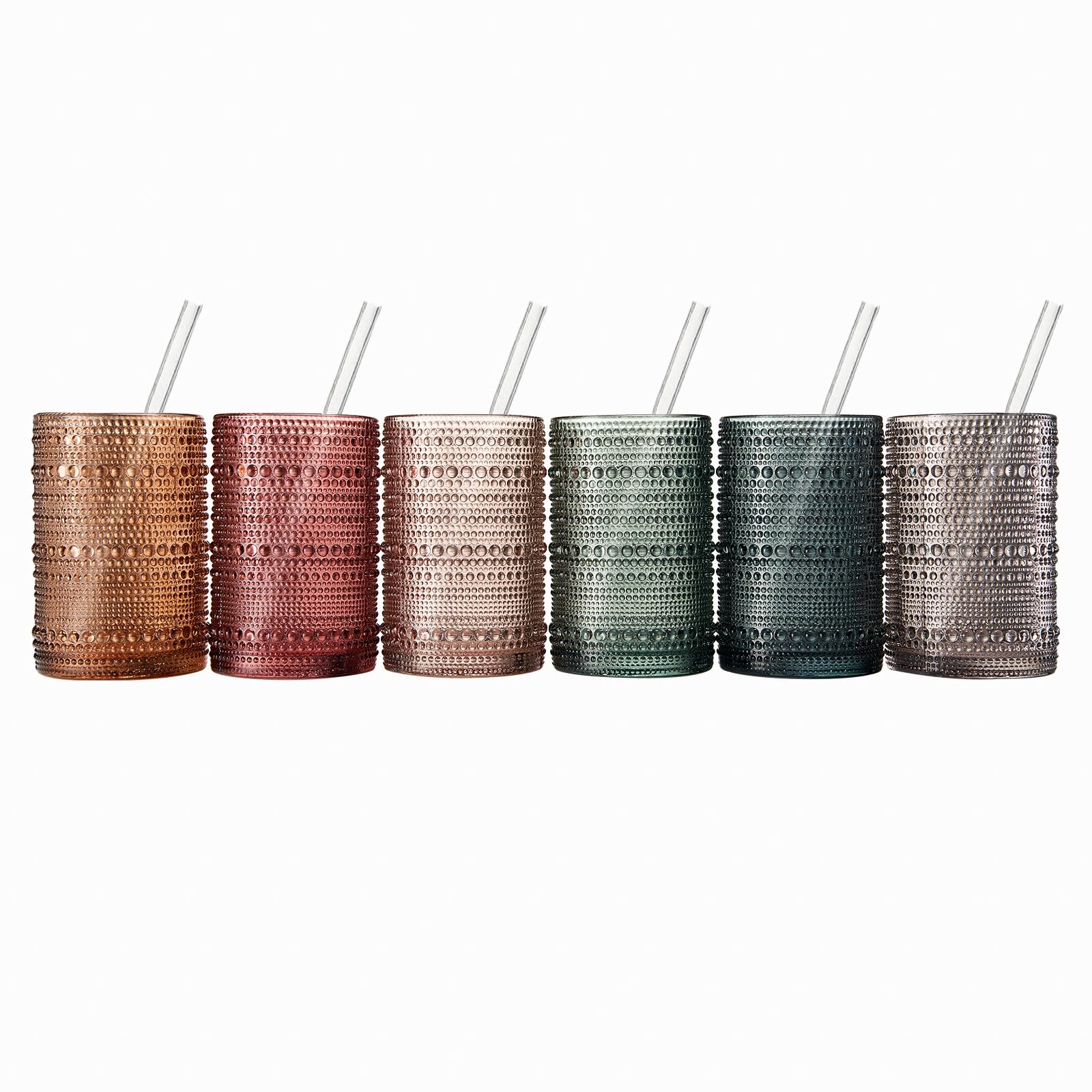 Khen Hobnail Drinking Glasses with Straws – Muted Colors, Set of 6