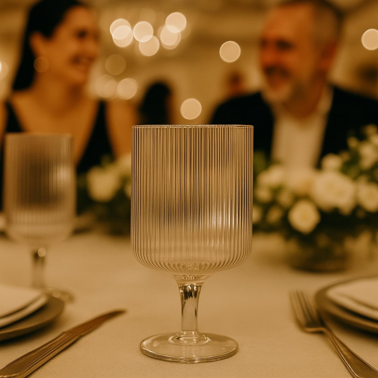 Khen Textured Clear Glass Ribbed Modern Elegant Wine Goblets | Set of 2