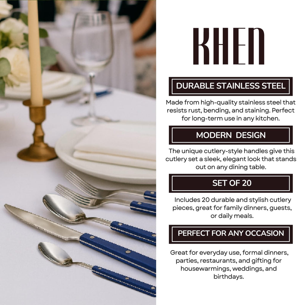 Khen Blue Cutlery Set of 20 – 18/8 Stainless Steel Flatware