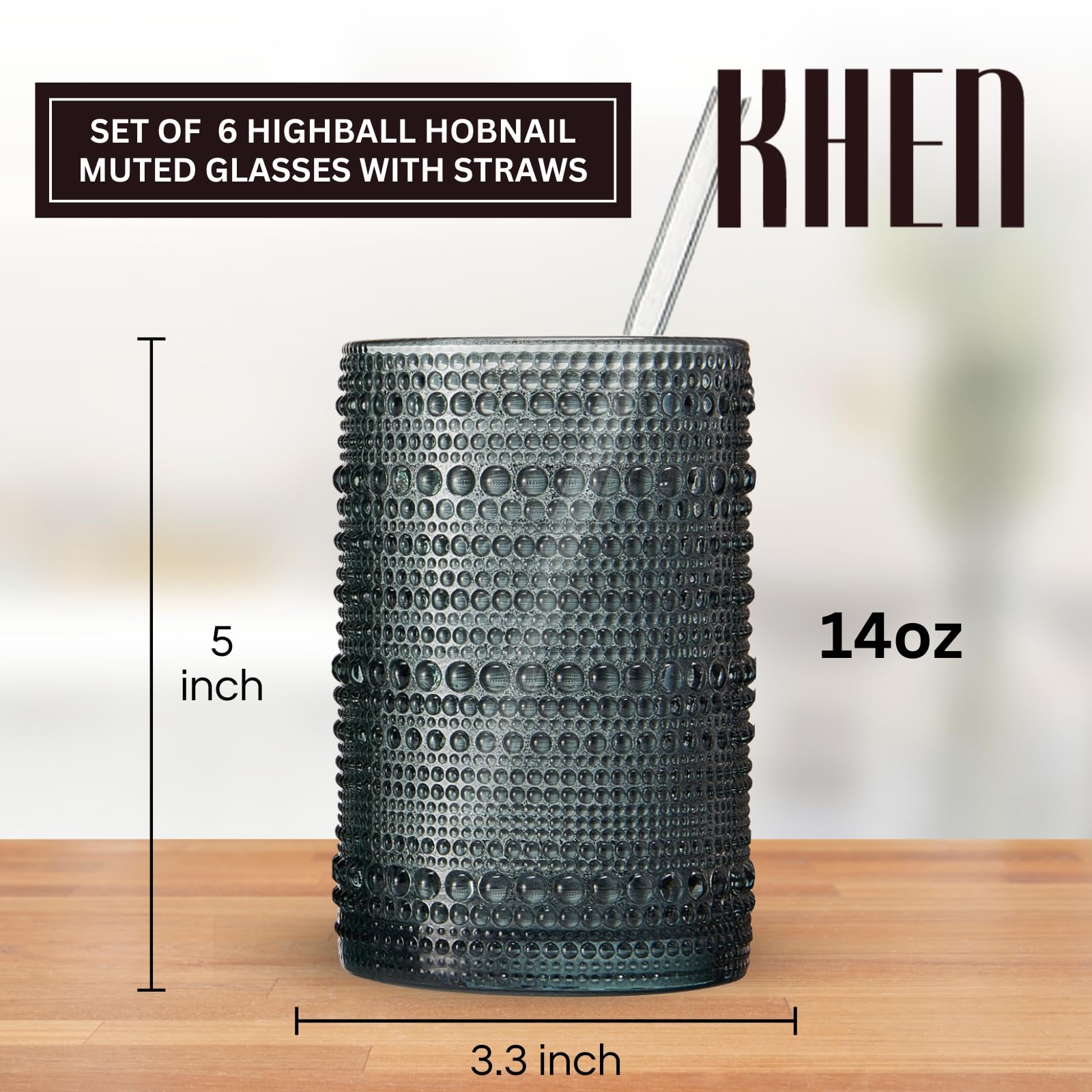 Khen Hobnail Drinking Glasses with Straws – Muted Colors, Set of 6
