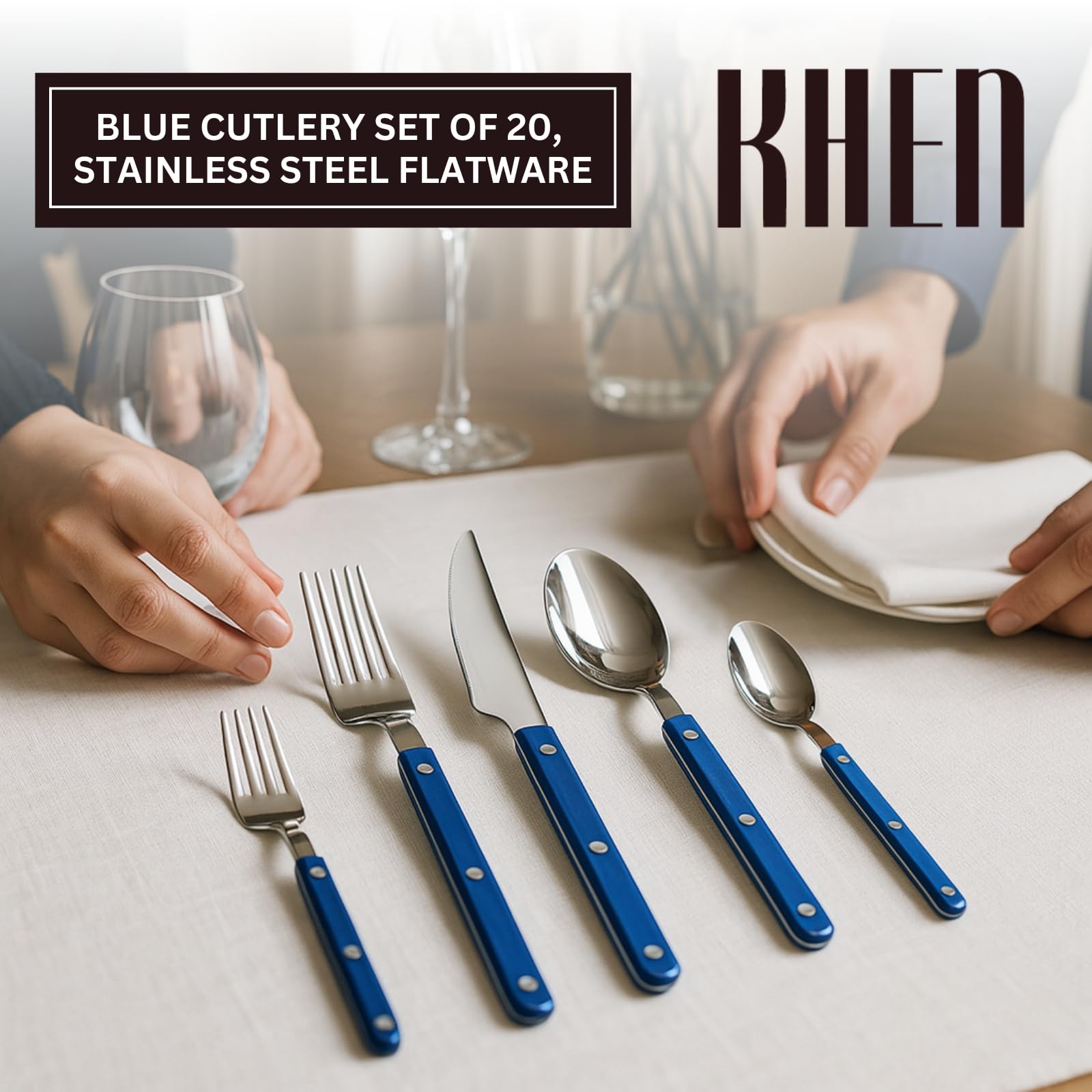 Khen Blue Cutlery Set of 20 – 18/8 Stainless Steel Flatware