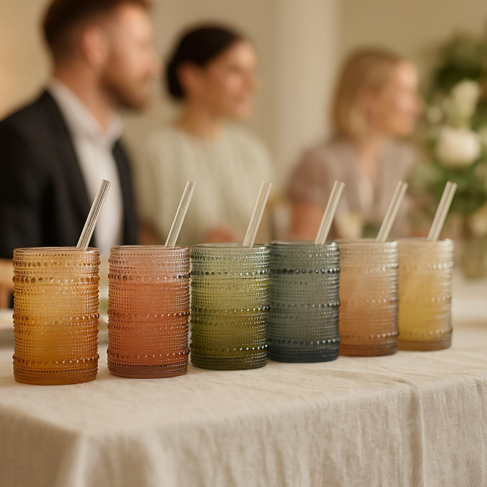 Khen Hobnail Drinking Glasses with Straws – Muted Colors, Set of 6