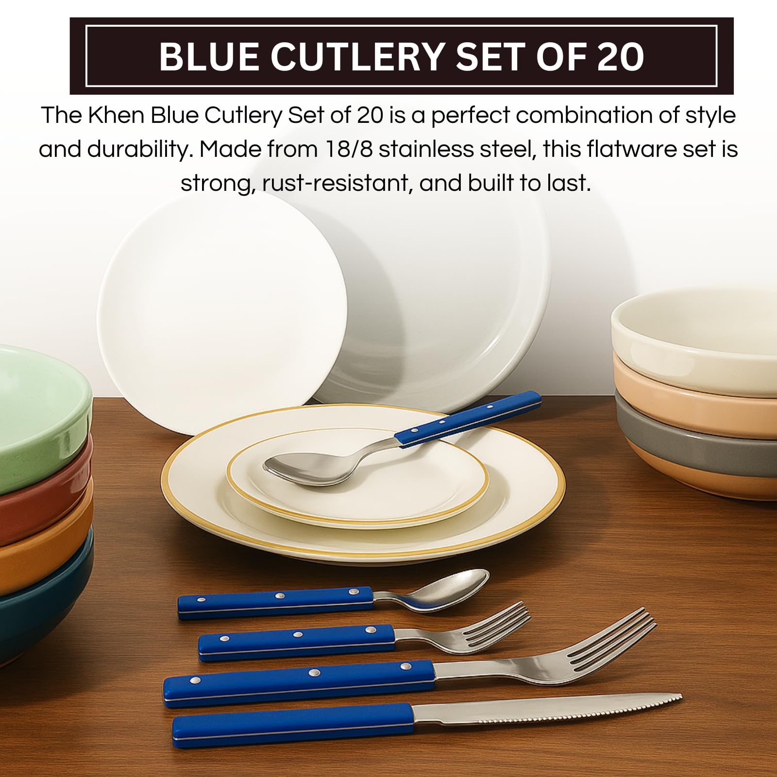 Khen Blue Cutlery Set of 20 – 18/8 Stainless Steel Flatware