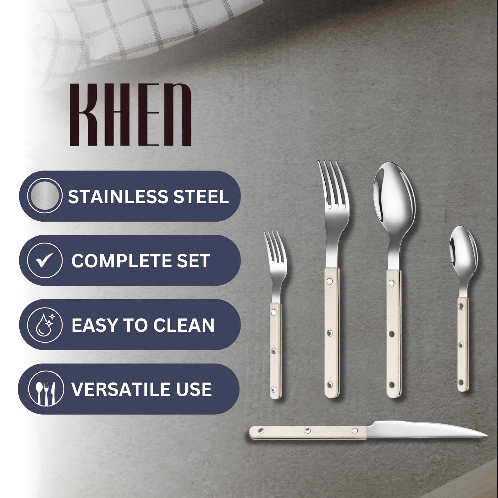 Khen Cream Cutlery Set of 20 – 18/8 Stainless Steel Flatware