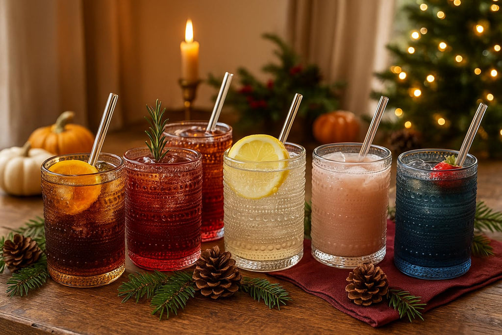 Khen Hobnail Drinking Glasses with Straws – Muted Colors, Set of 6