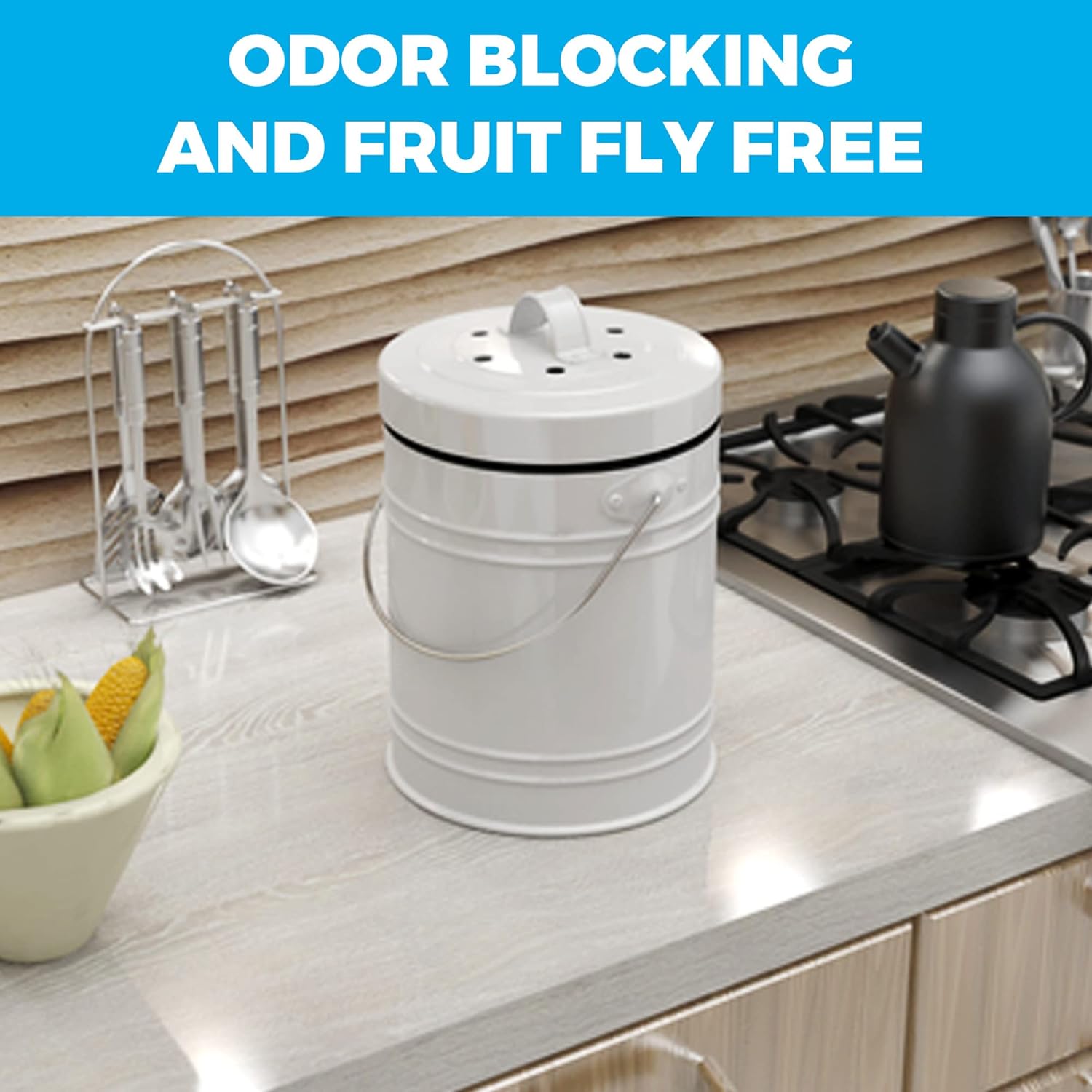 Kitchen Compost Bin with EZ-No Lock Lid, Plastic Liner & Charcoal Filters