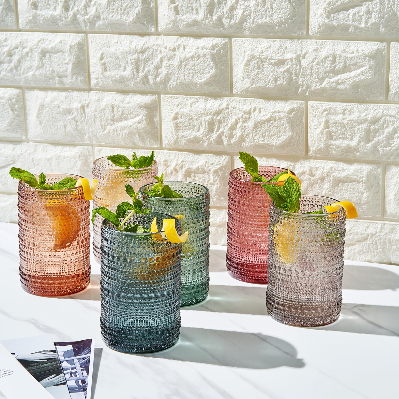Khen Hobnail Drinking Glasses with Straws – Muted Colors, Set of 6