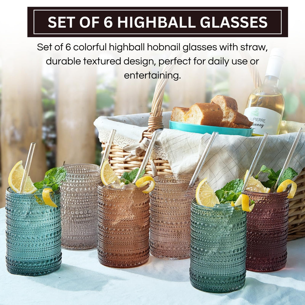 Khen Hobnail Drinking Glasses with Straws – Muted Colors, Set of 6