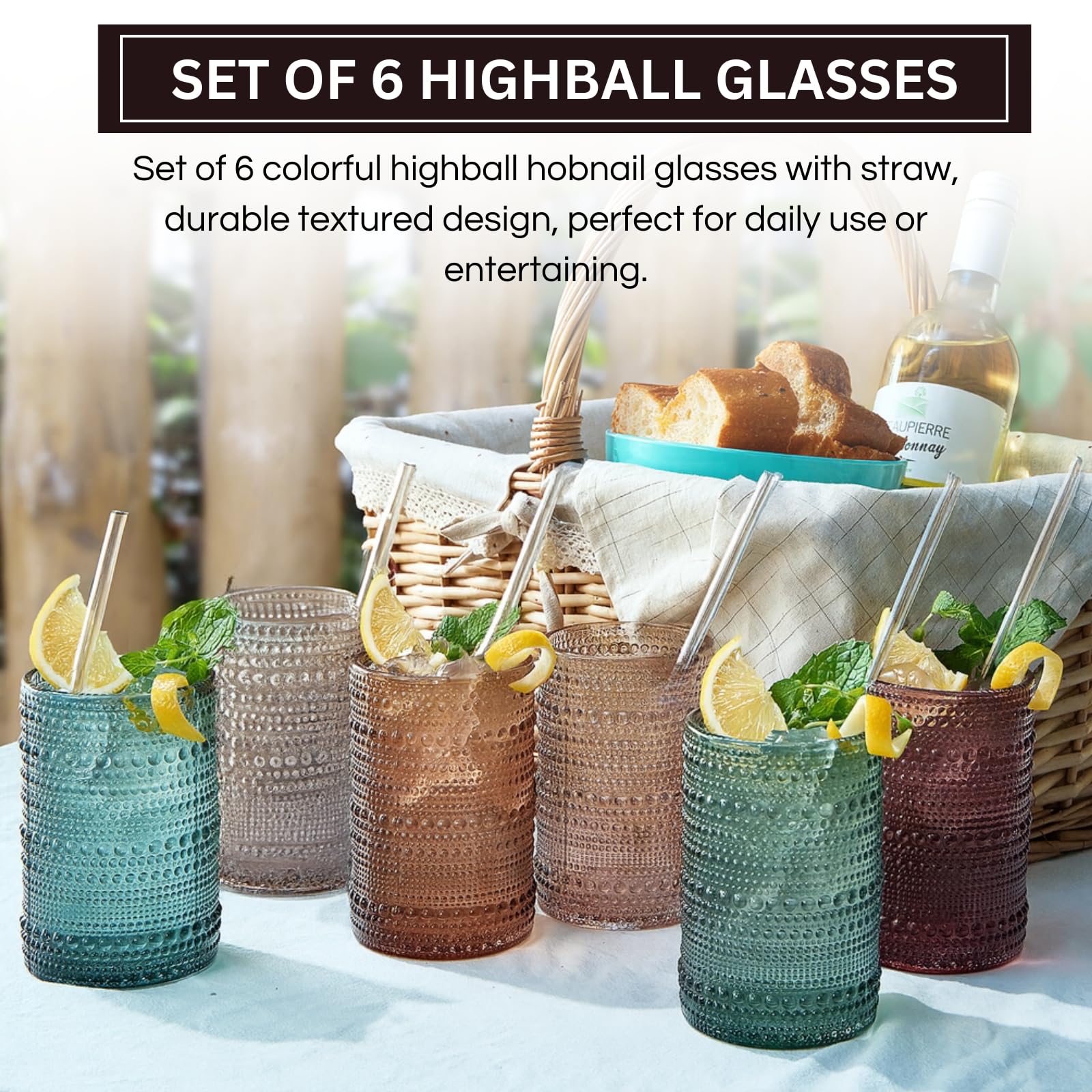 Khen Hobnail Drinking Glasses with Straws – Muted Colors, Set of 6