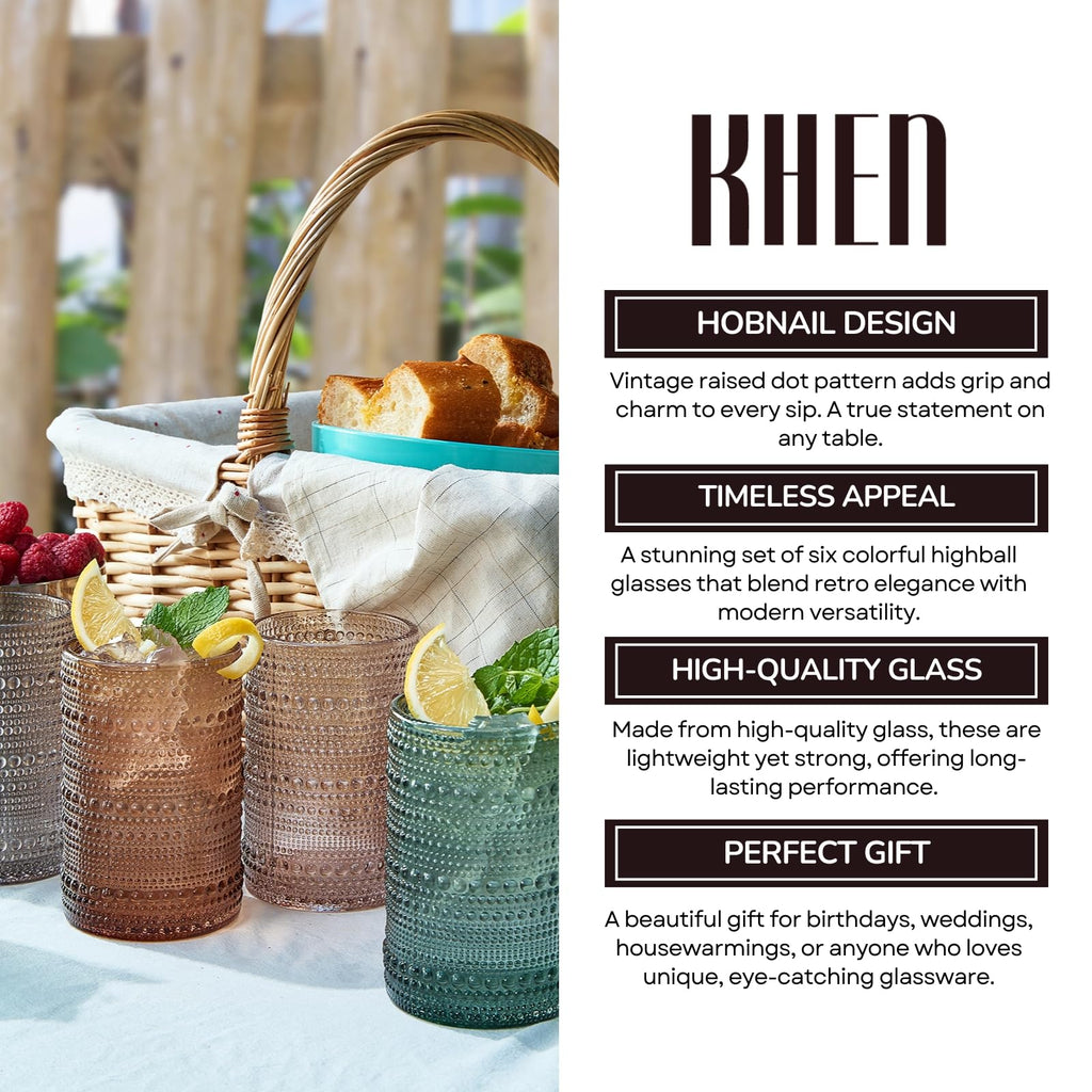 Khen Hobnail Drinking Glasses with Straws – Muted Colors, Set of 6