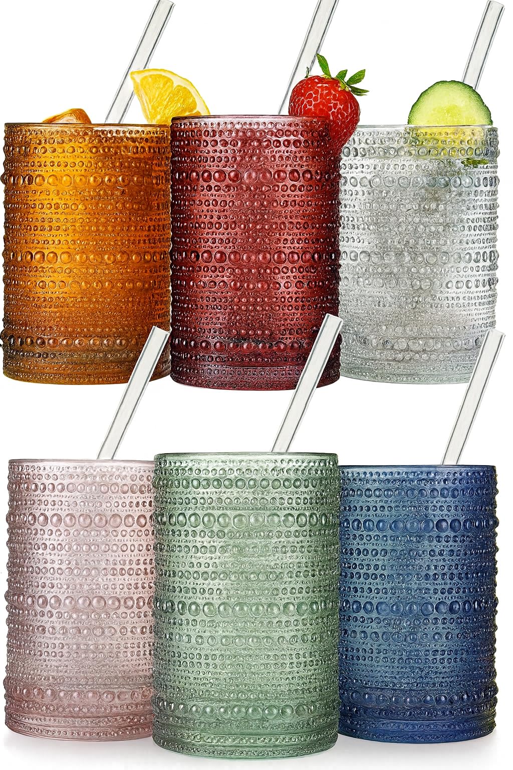 Khen Hobnail Drinking Glasses with Straws – Muted Colors, Set of 6