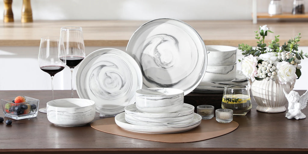 MALACASA Luna series 24-Piece Marble Porcelain Dinnerware Set with 8 Pcs Dinner/Dessert Plates,Bowl Tableware Set Service for 4