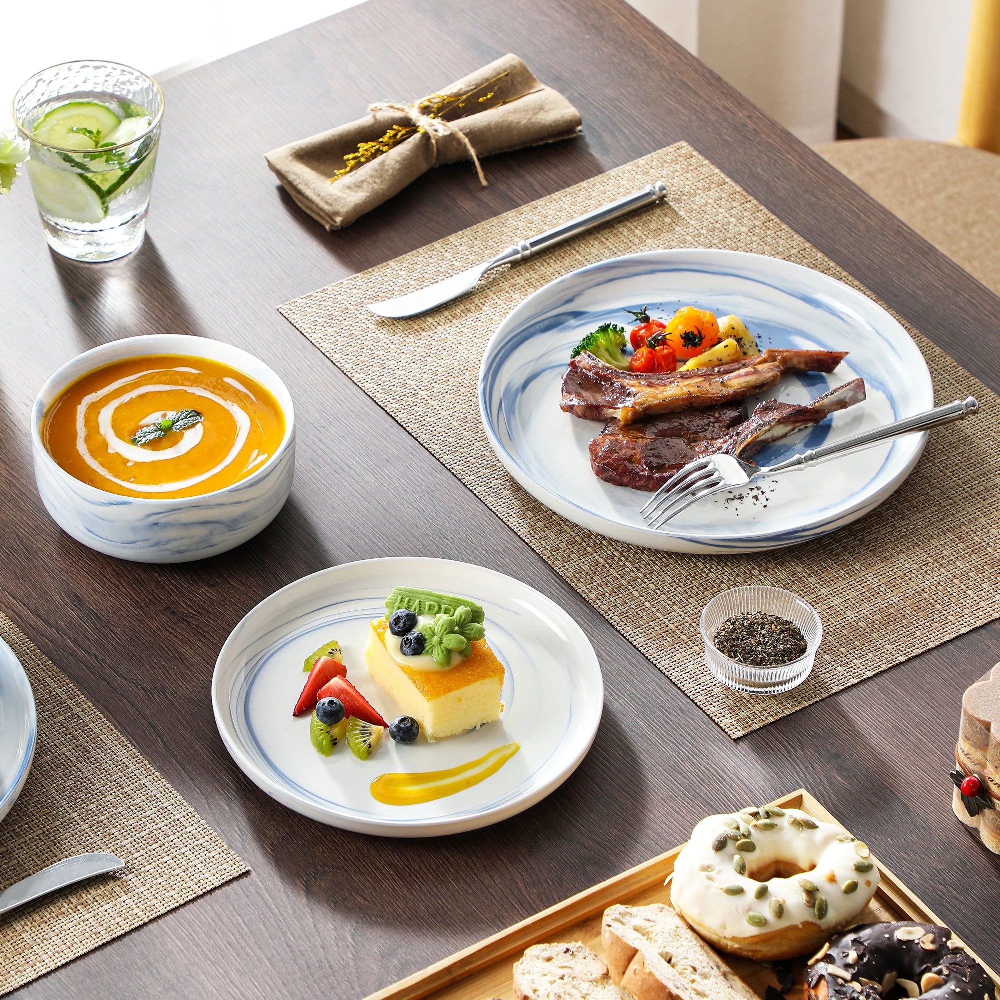MALACASA Luna series 24-Piece Marble Porcelain Dinnerware Set with 8 Pcs Dinner/Dessert Plates,Bowl Tableware Set Service for 4
