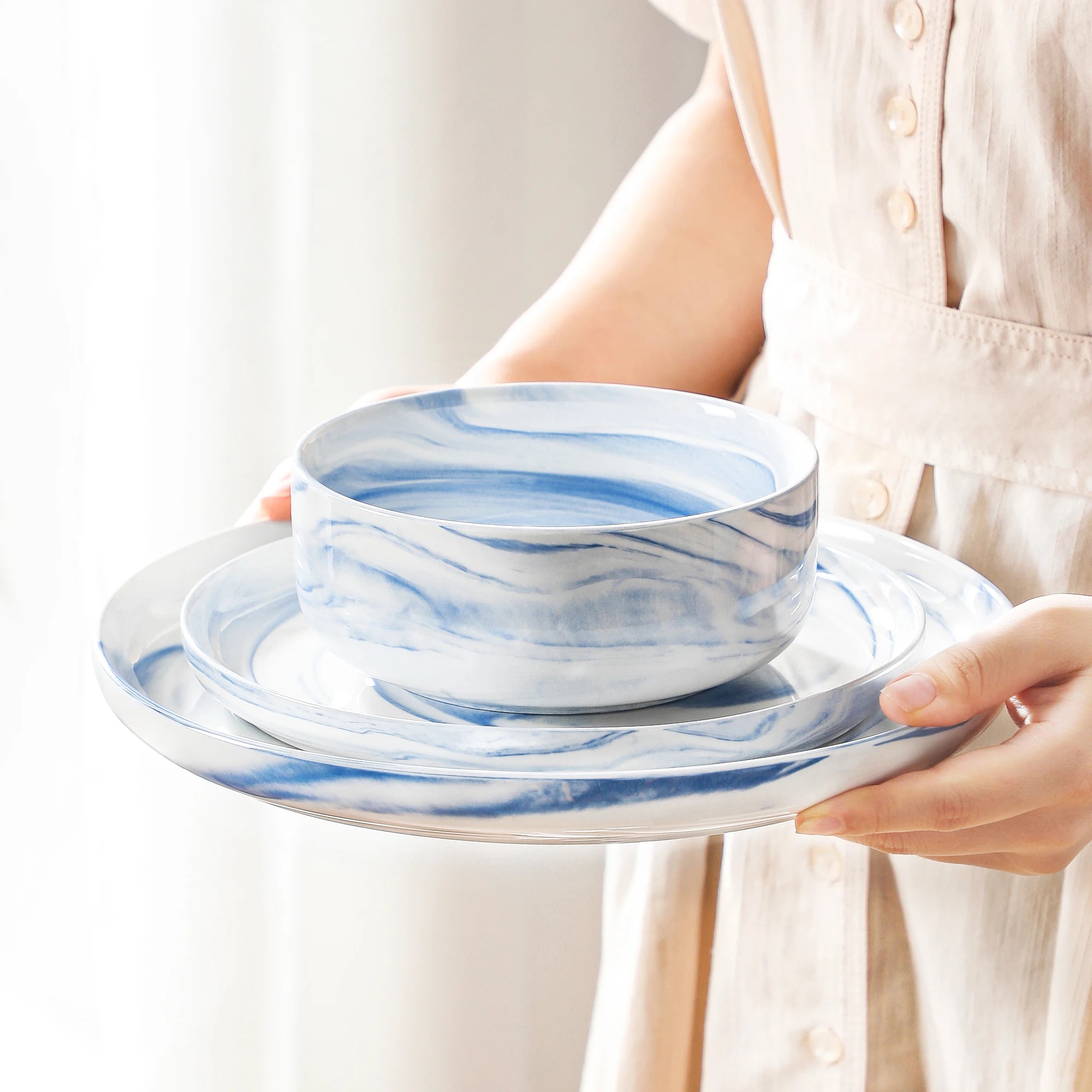MALACASA Luna series 24-Piece Marble Porcelain Dinnerware Set with 8 Pcs Dinner/Dessert Plates,Bowl Tableware Set Service for 4
