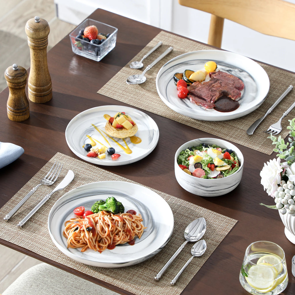 MALACASA Luna series 24-Piece Marble Porcelain Dinnerware Set with 8 Pcs Dinner/Dessert Plates,Bowl Tableware Set Service for 4