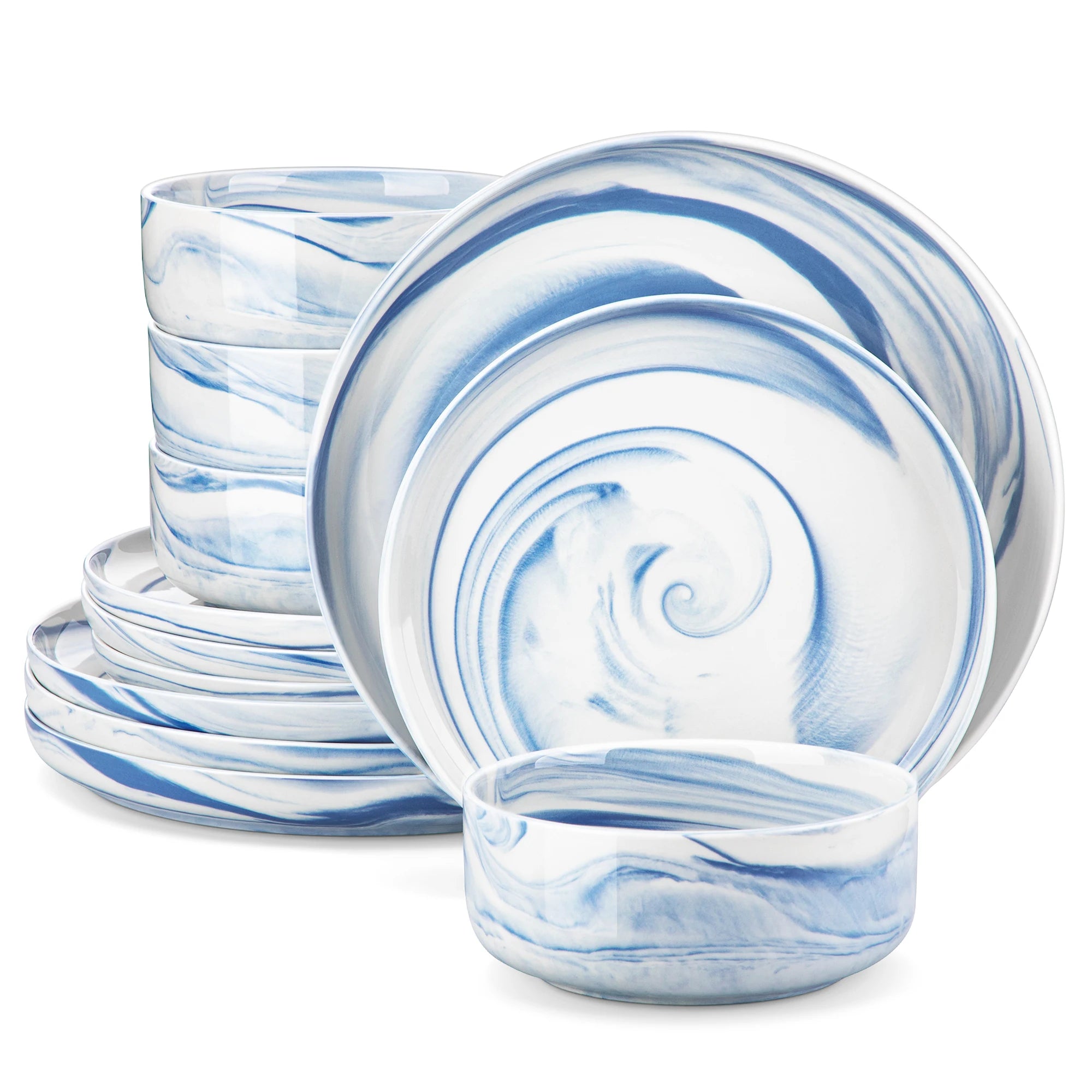 MALACASA Luna Serie 24-teiliges Porzellan Geschirrset mit Marmor-Optik, 8 Speise-/Desserttellern, Schüsseln, Tafelservice für 4 Personen