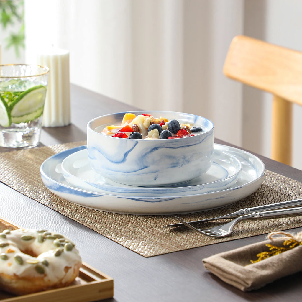 MALACASA Luna series 24-Piece Marble Porcelain Dinnerware Set with 8 Pcs Dinner/Dessert Plates,Bowl Tableware Set Service for 4