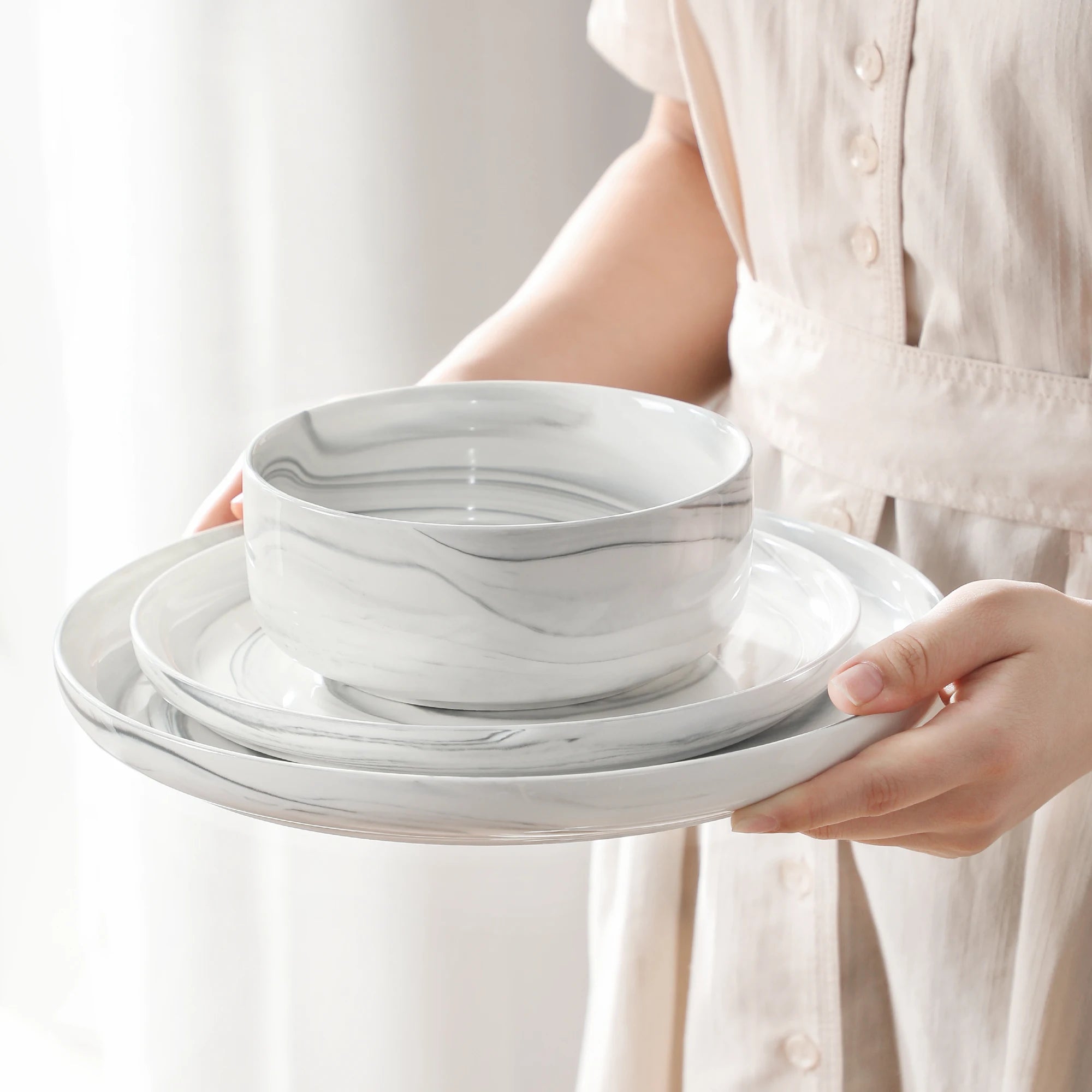 MALACASA Luna series 24-Piece Marble Porcelain Dinnerware Set with 8 Pcs Dinner/Dessert Plates,Bowl Tableware Set Service for 4