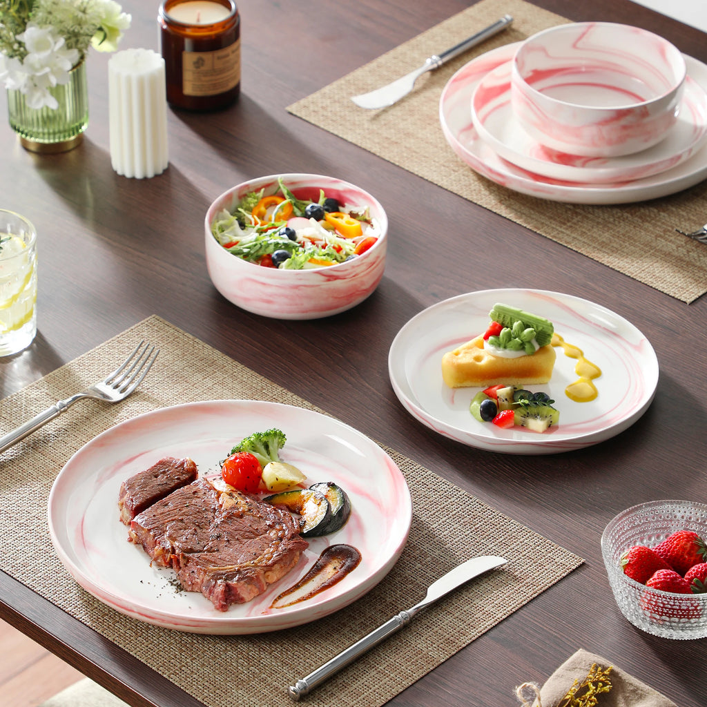 MALACASA Luna series 24-Piece Marble Porcelain Dinnerware Set with 8 Pcs Dinner/Dessert Plates,Bowl Tableware Set Service for 4