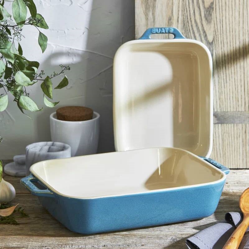 Ceramic Stoneware Baking Dish Set – Blue Green Turquoise & Ivory (Set of 2)