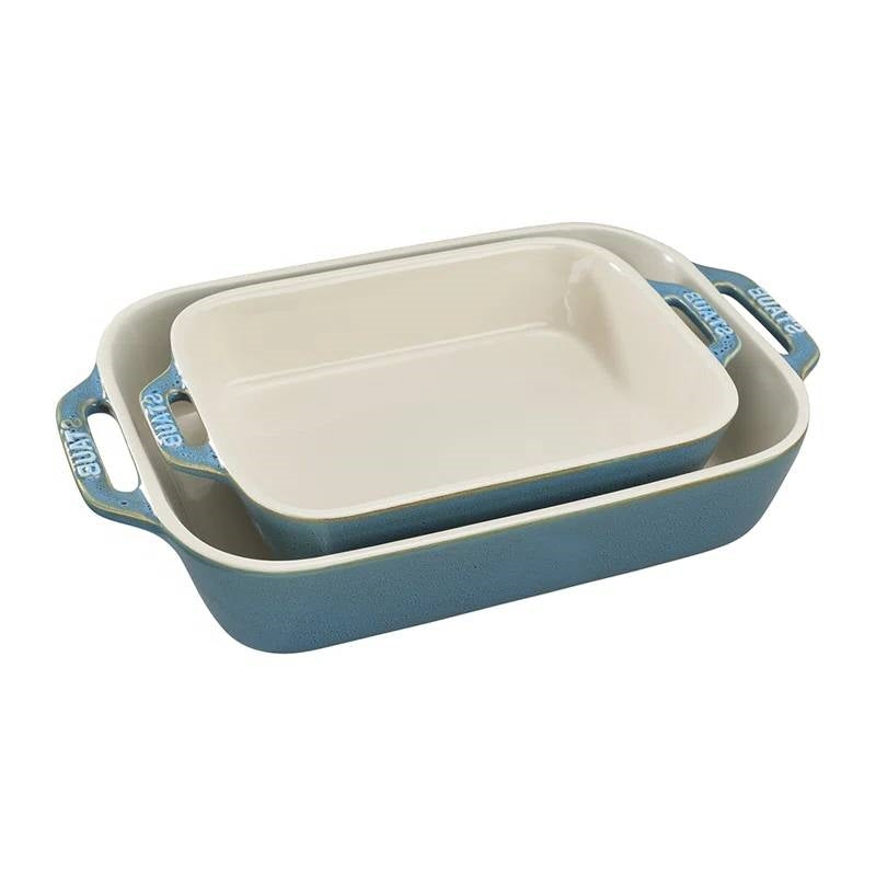 Ceramic Stoneware Baking Dish Set – Blue Green Turquoise & Ivory (Set of 2)