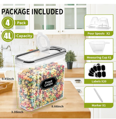 4-Piece Airtight Cereal Storage Containers with Pour Spouts – 4L