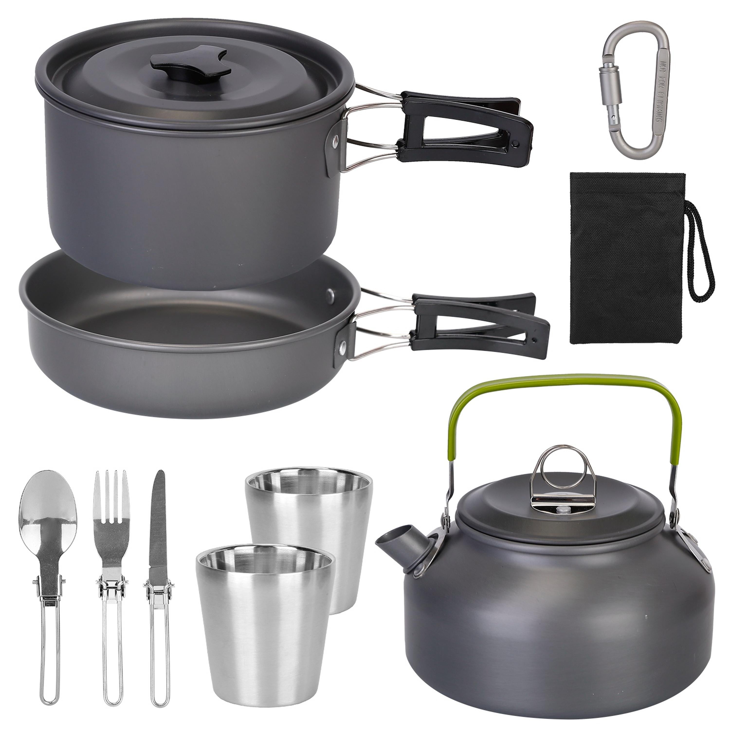 12-teiliges Camping-Kochgeschirr-Set Campingkocher Aluminiumtöpfe Pfannen-Kit für Wandern Picknick Outdoor mit Tasse Gabel Löffel Messer