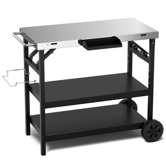 3-Tier Foldable Outdoor Cart on Wheels with Phone Holder – Black