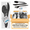 250-Pack Black Plastic Cutlery Set – Individually Wrapped Disposable Silverware