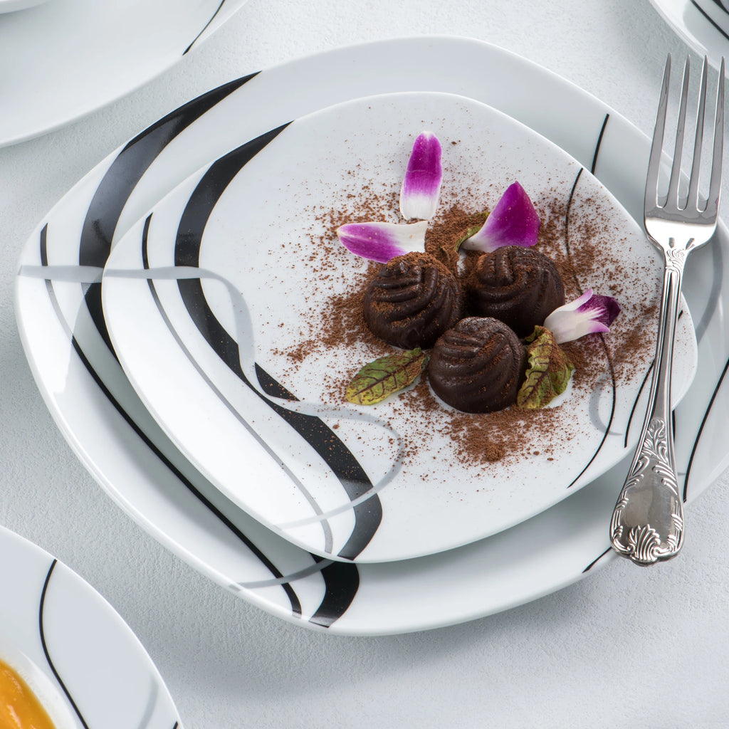 VEWEET FIONA 30/60 Piece Black Lines Porcelain Ceramic Tableware Set with Dessert Plates/Soup Plates/Dinner Plates/Cups/Saucers