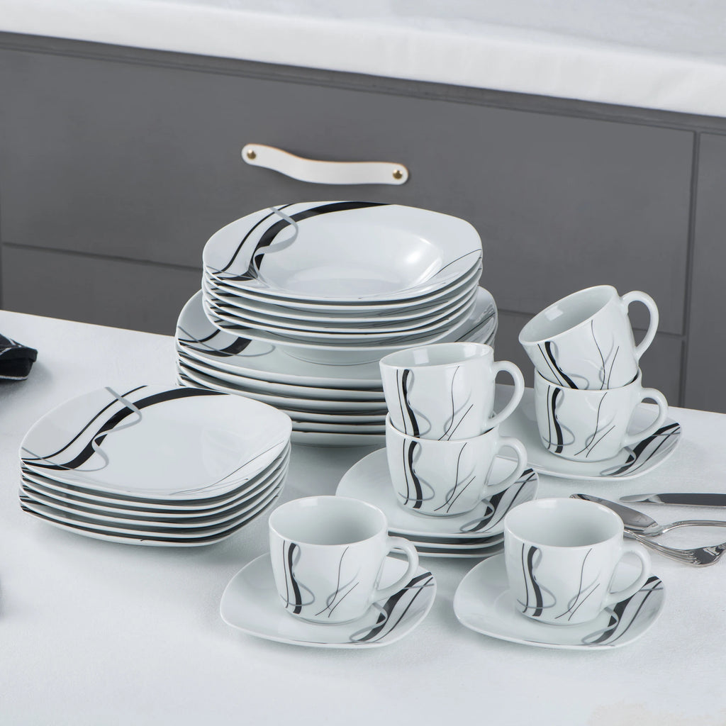 VEWEET FIONA 30/60 Piece Black Lines Porcelain Ceramic Tableware Set with Dessert Plates/Soup Plates/Dinner Plates/Cups/Saucers