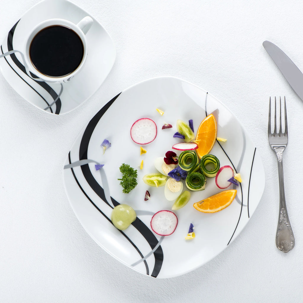 VEWEET FIONA 30/60 Piece Black Lines Porcelain Ceramic Tableware Set with Dessert Plates/Soup Plates/Dinner Plates/Cups/Saucers