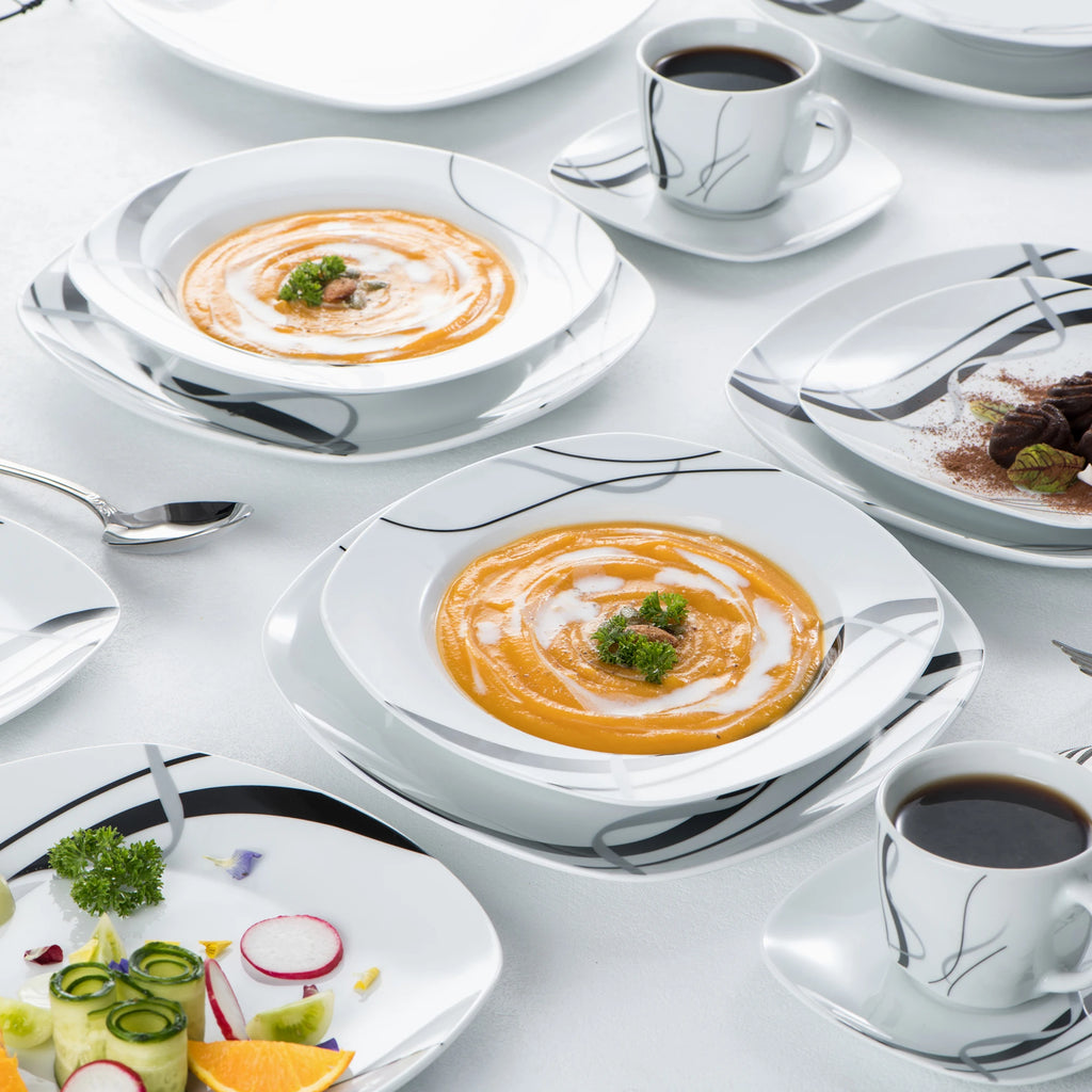 VEWEET FIONA 30/60 Piece Black Lines Porcelain Ceramic Tableware Set with Dessert Plates/Soup Plates/Dinner Plates/Cups/Saucers