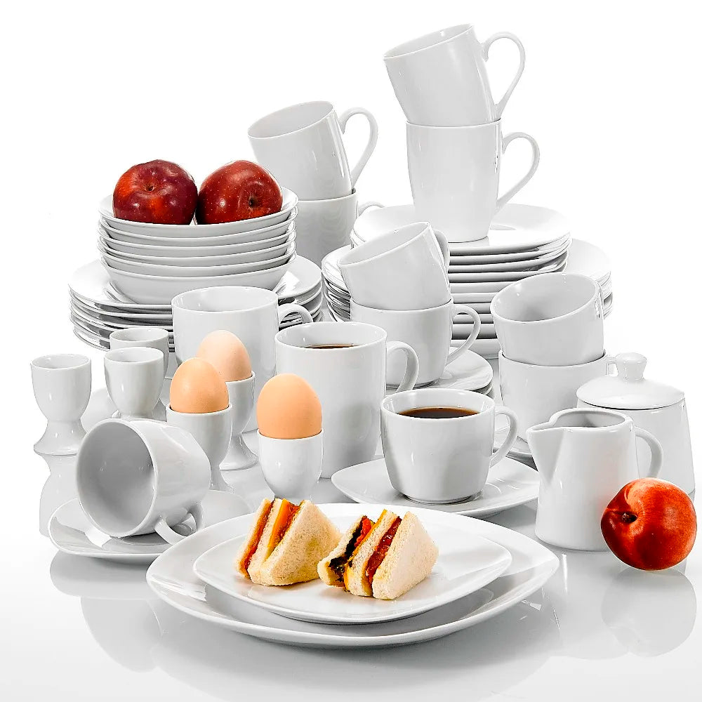 MALACASA Series Elisa 50-Piece Tableware Dinner Set with 6 Cups,Saucers,Mug,Egg Cups,Bowls,Dessert Soup Dinner Plates Service