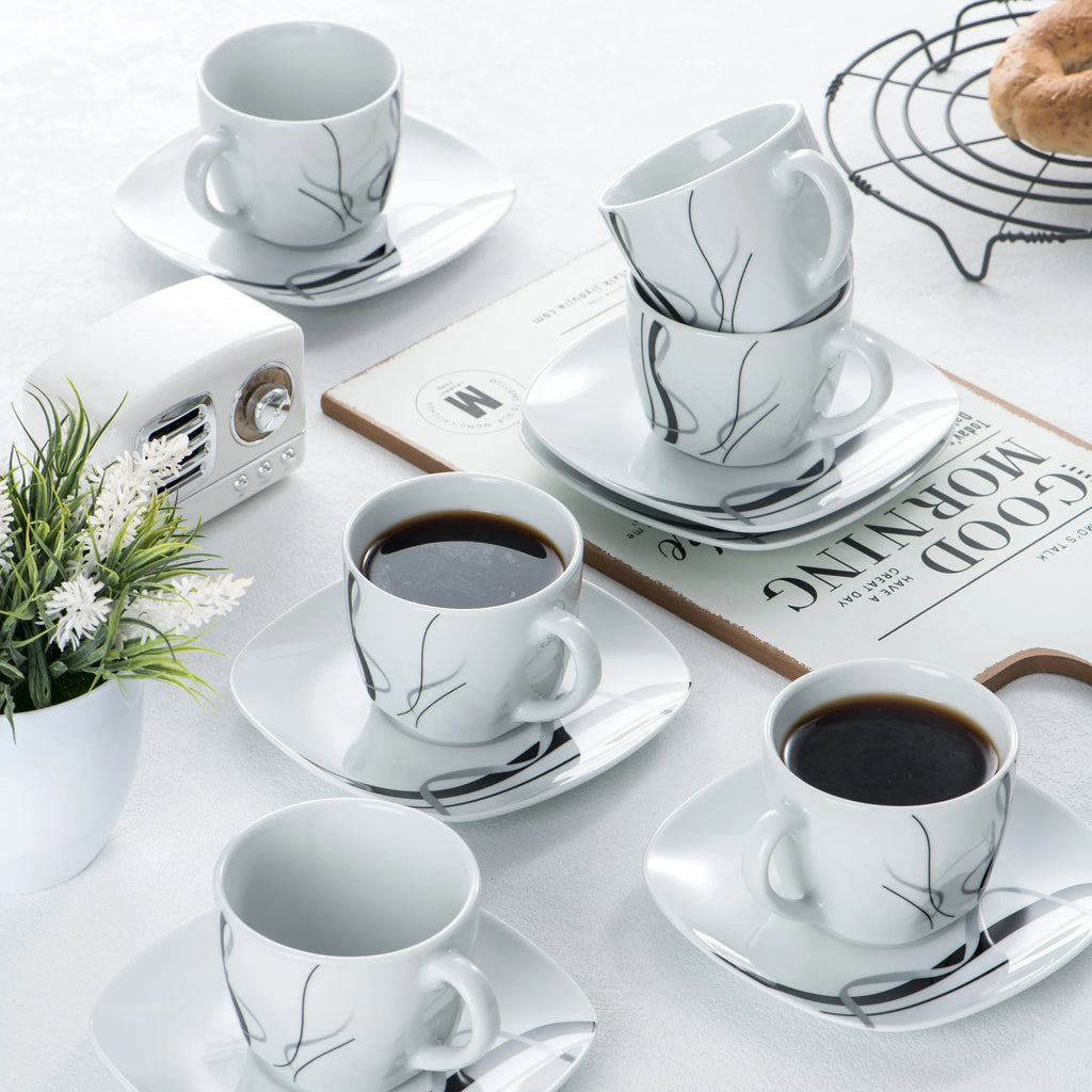 VEWEET FIONA 30/60 Piece Black Lines Porcelain Ceramic Tableware Set with Dessert Plates/Soup Plates/Dinner Plates/Cups/Saucers