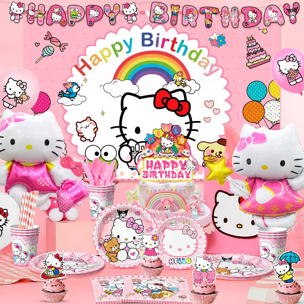124 Pcs Sanrio Hello Kitty Party Decorations&Tableware-Kitty Plates Backdrop Balloon Banner etc Hello Kitty Birthday Decorations